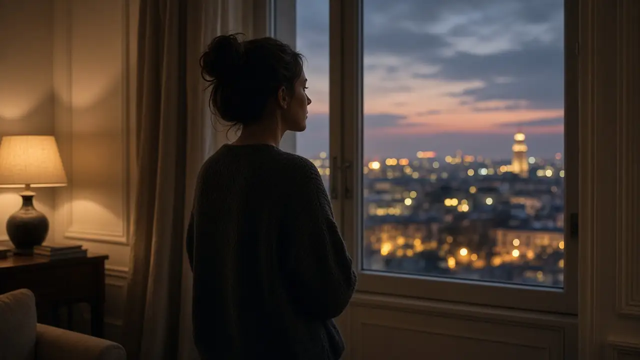 Kobieta stoi wieczorem przy oknie i patrzy na oświetlone miasto